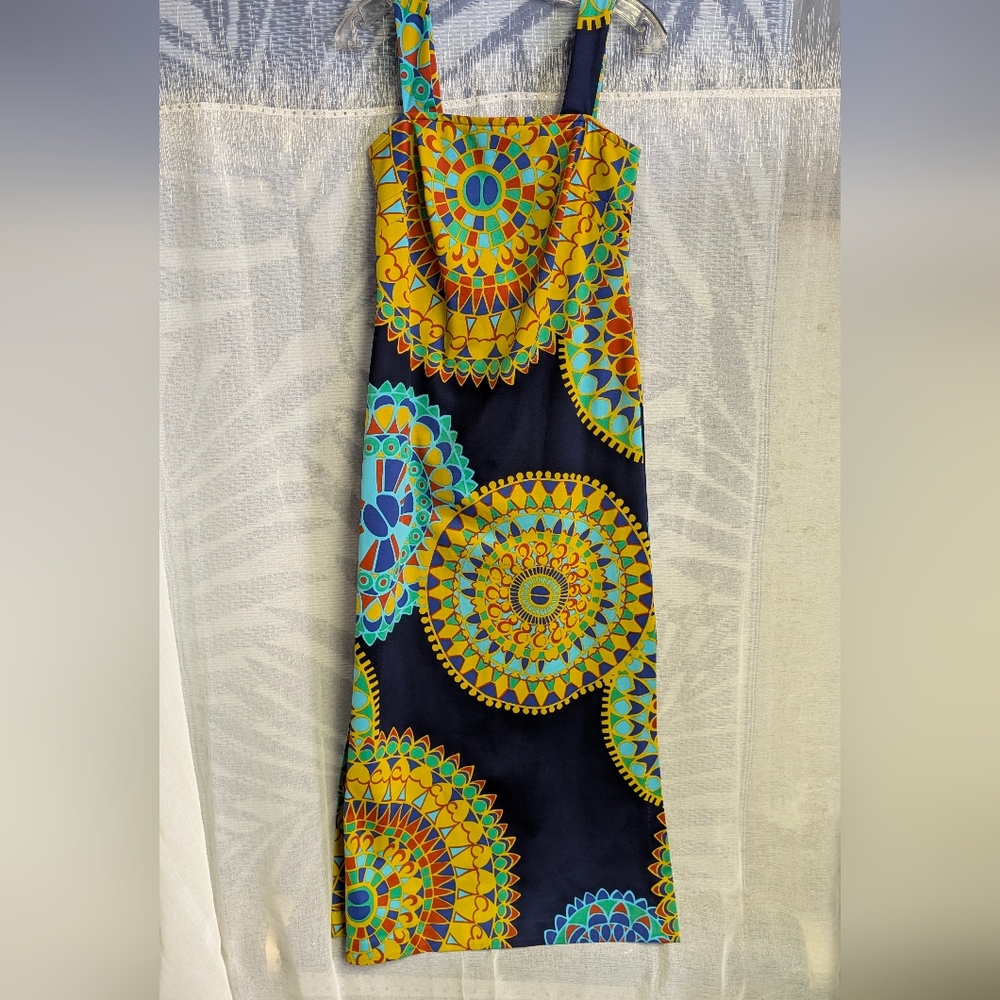 Caron Strapless Dress with Blue and Yellow Geometric Design